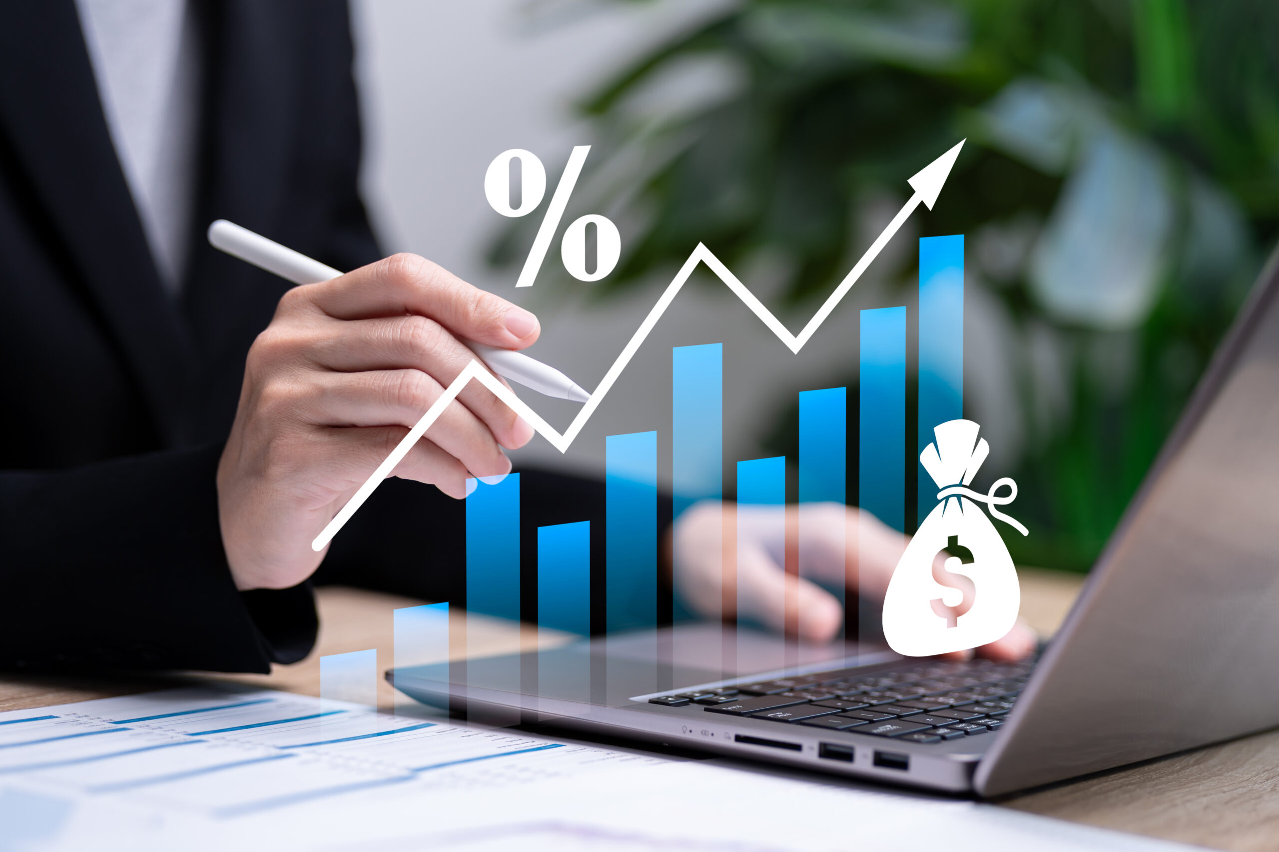 Interest rates and dividends Annual Fund Accumulation concept, Businesswomen data analysis income and return on investment, Retirement Compensation fund, investment, dividend tax, Fixed Deposit